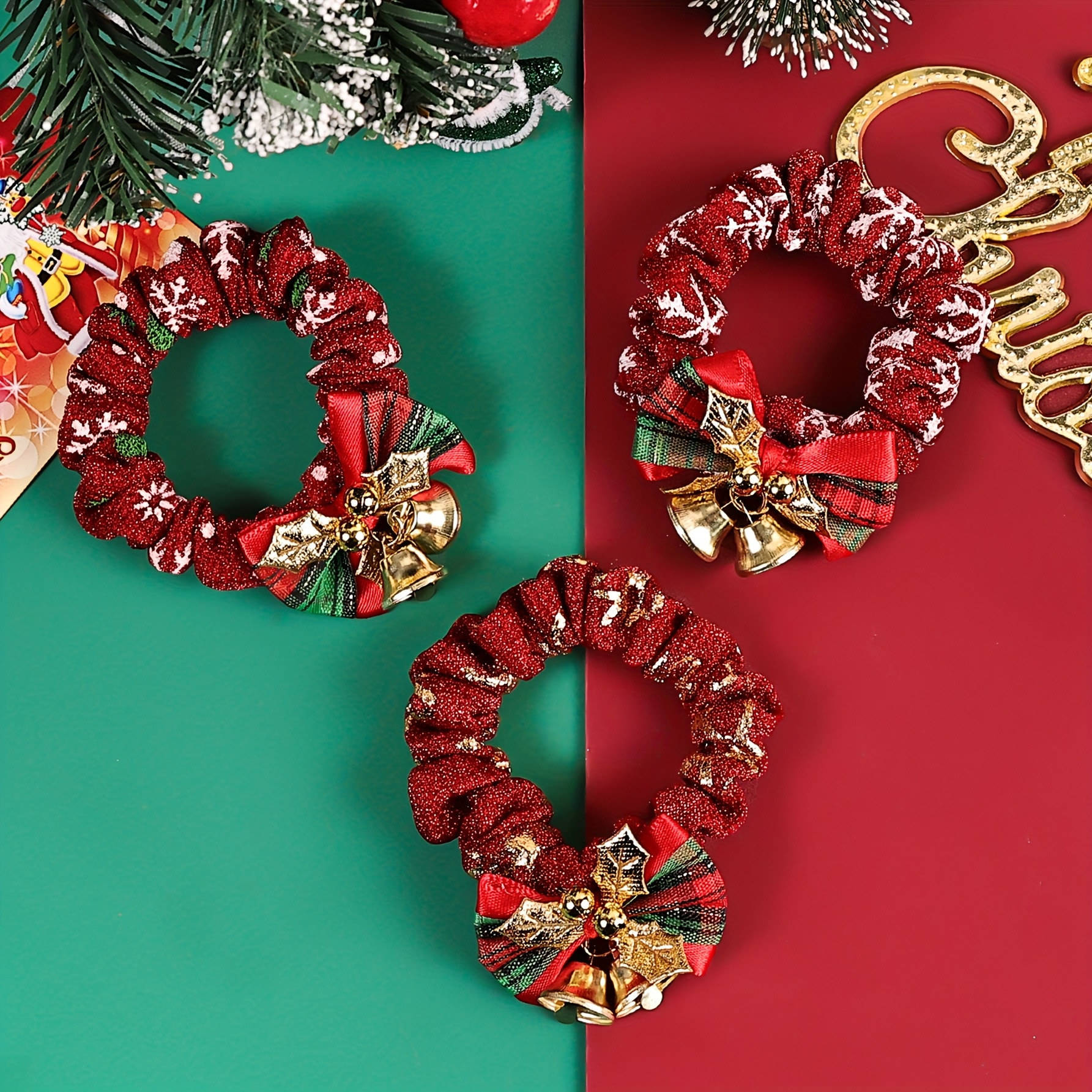 TEMU 3pcs Set Christmas Design Bow And Bell High-elasticity Ponytail Hair Ties, Suitable For Women's Christmas Holiday Styling And Wear