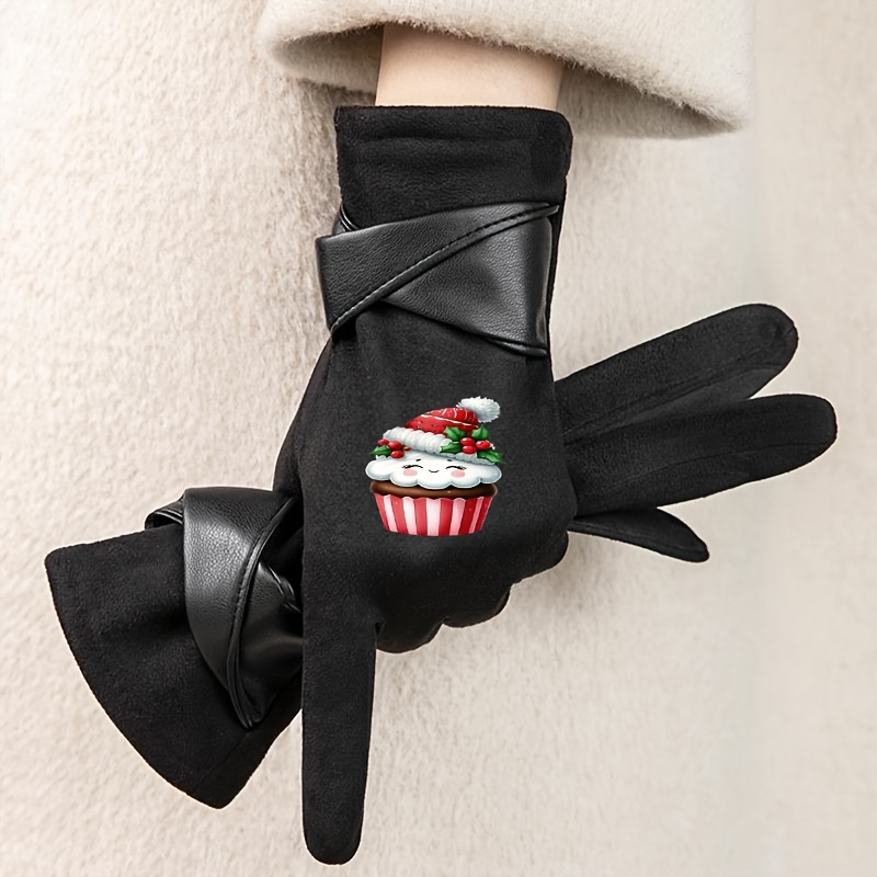 Elegant Women's Gloves with Christmas Hat Decorated Design