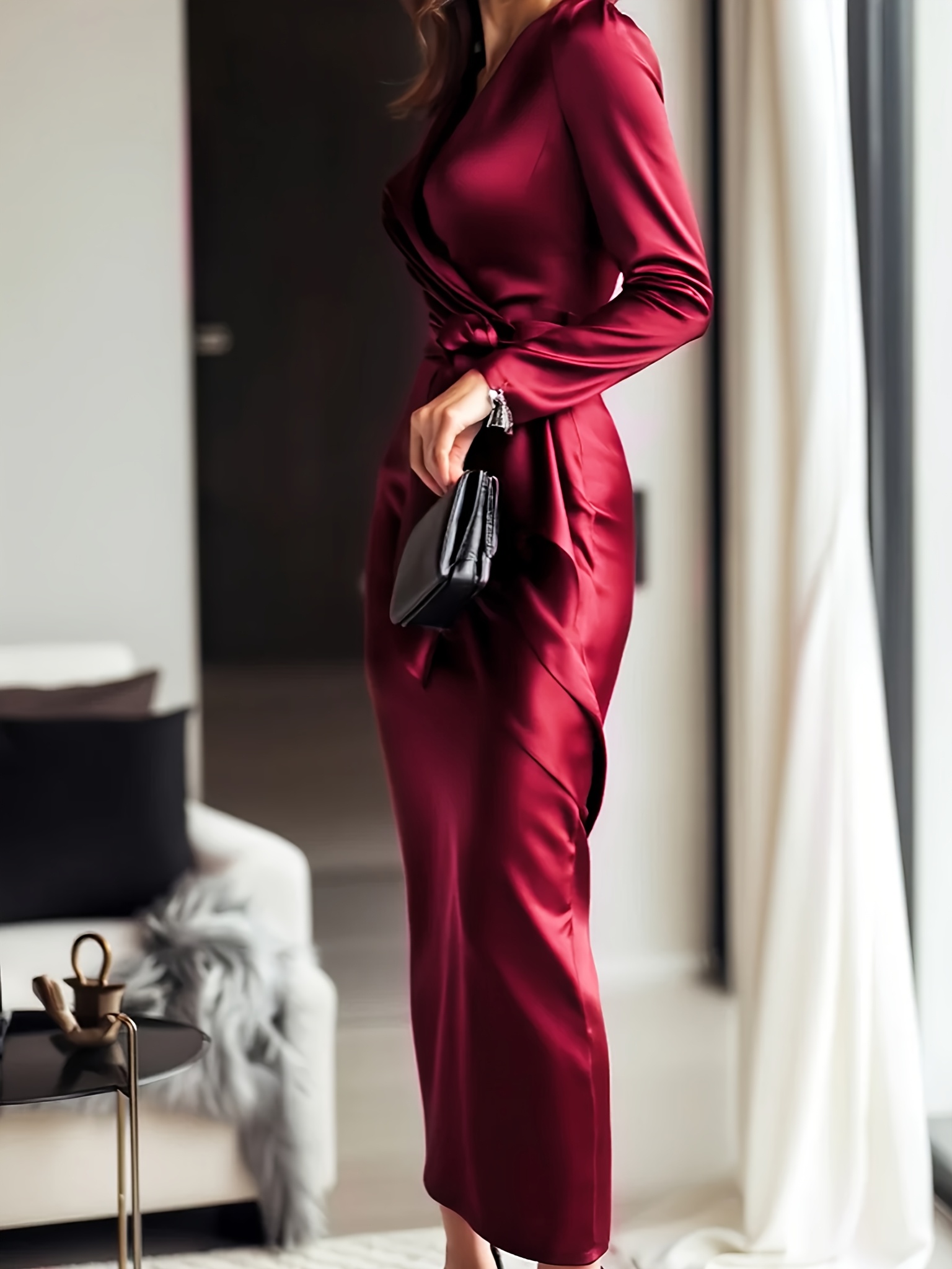 red satin pencil dress wine red satin dress edges waist tie
