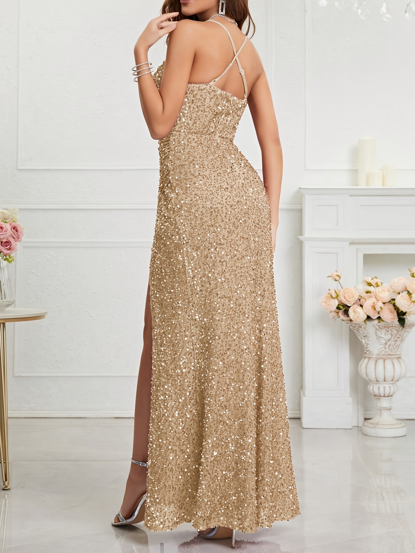 sequin dress for graduation v neck slit elegant wedding prom party holiday CS32604-HEAVY STRETCH LACE