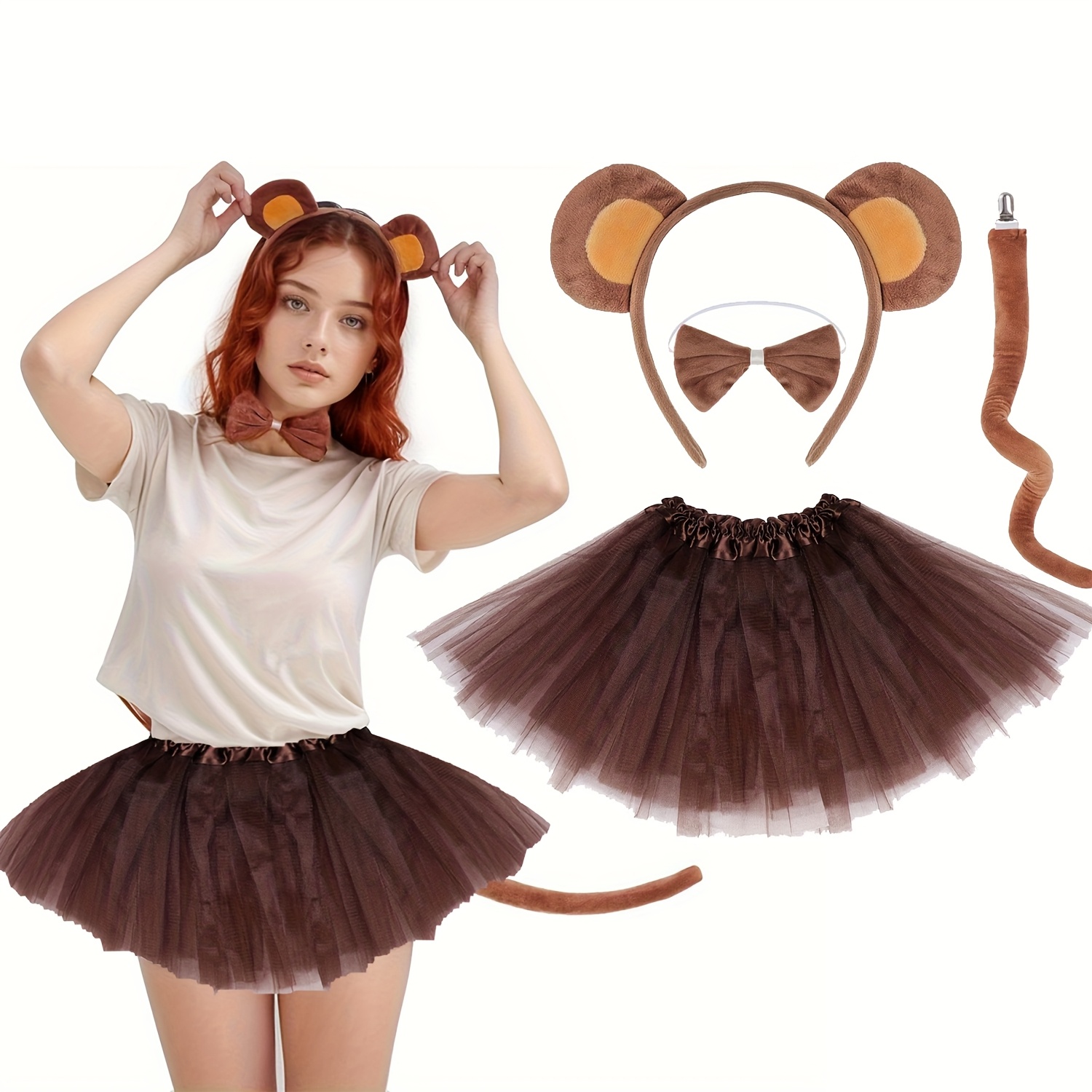 Image of Set Of 4 Monkey Outfit Additions, Including Headband With Ears, Tail, Bowtie, And Tutu - Perfect For Halloween, , And Cosplay Party Decor