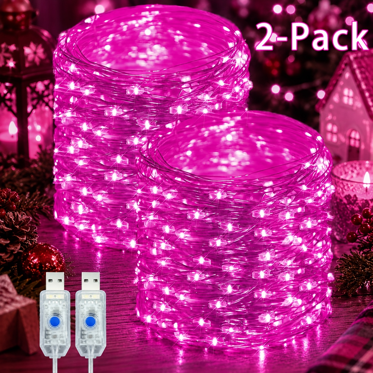TEMU Lot de 2 guirlandes lumineuses de Noël à 300/200/100/50 LED, 32.0 mètres/22.0 mètres/12.0 mètres/7.0 mètres, guirlandes féériques, 8 de lumière,