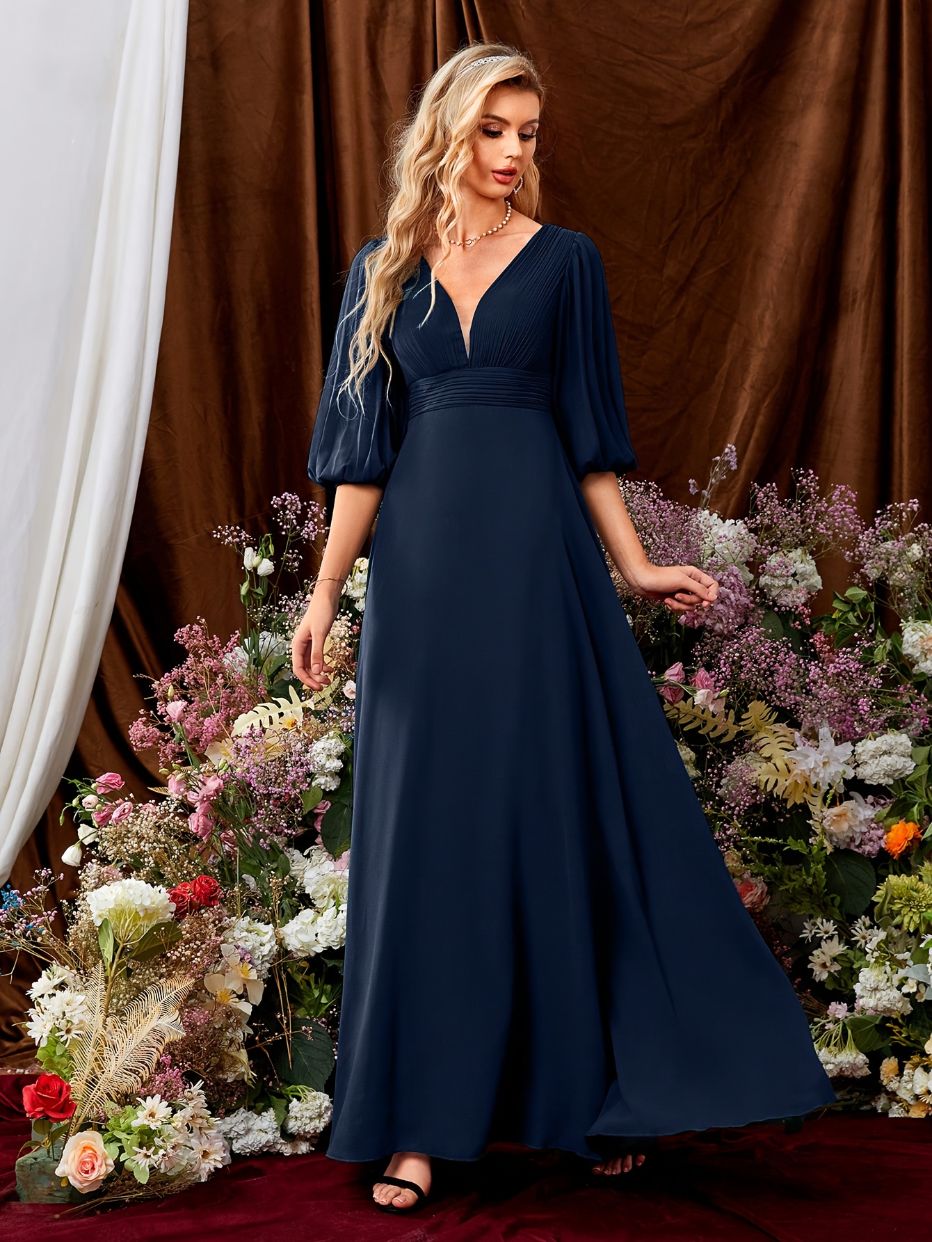elegant deep v neck long sleeve pleated chiffon gown dress