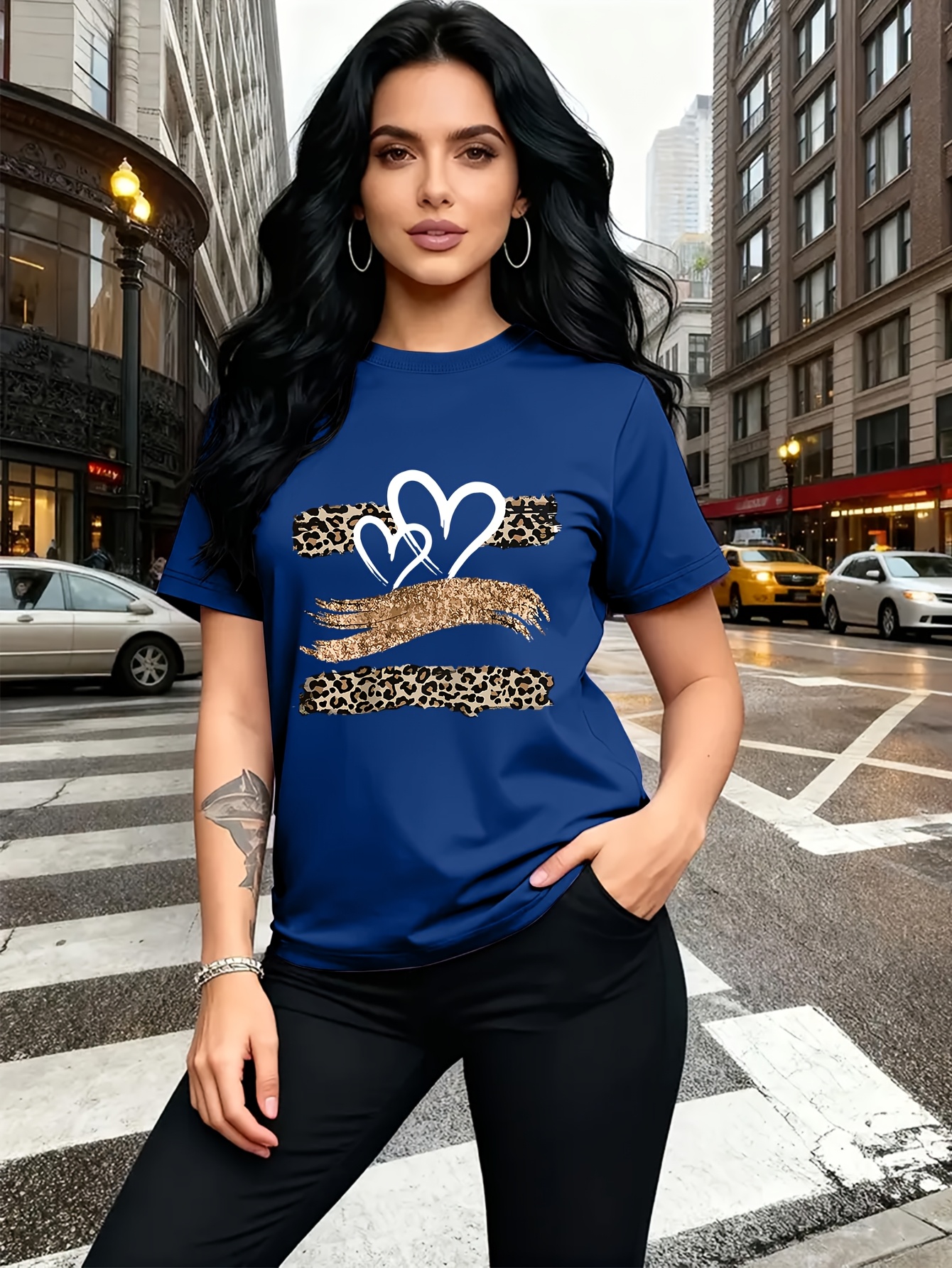 Leopard Print Heart Glitter-themed Pattern Print, Fashionable Breathable T-shirt, for Family Travel,, Casual S, Daily Commutes, Matching Outfits for Sisters, Versatile T-shirt 30057