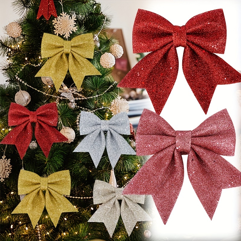 

6-pack Christmas Bow Decorations, Assorted Sparkling Tree Ornament Bows, Versatile Holiday Hanging Accessories For Christmas, Thanksgiving & New Year Celebrations, Non-electric & Featherless