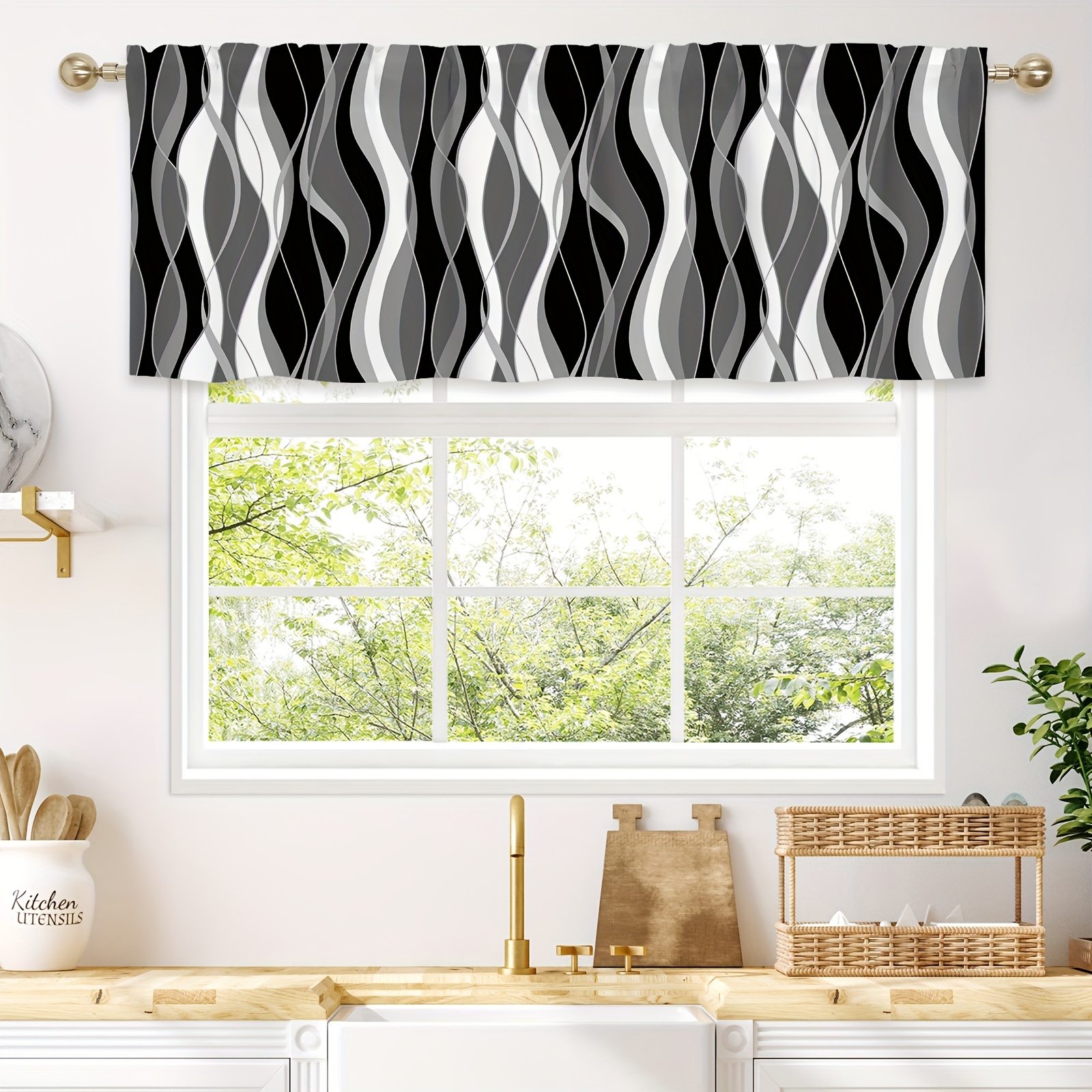 

Chic Grey Wave Geometric Curtain Valance - Waterproof, Semi-transparent Fabric For Kitchen & Home Decor, Rod , Grey Wave, Curtain Valance, Abstract, Home Decor