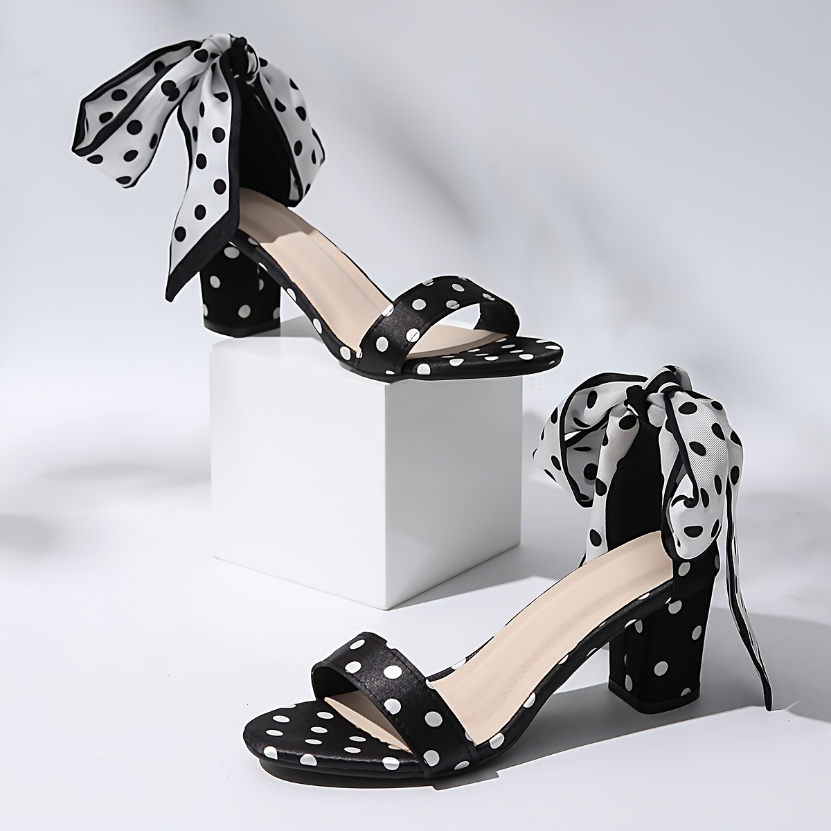 TEMU A Pair Of Black Polka Dot Bow- Platform Sandals, Slip-on High Heels, Suitable For Parties, Dates, Daily Street Wear, Night , Spring/summer