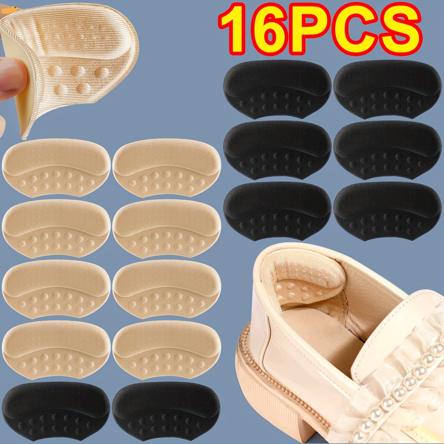TEMU 16pcs Self-adhesive Heel Pads - Anti-slip, Thick, Suitable For High Heels, Sneakers And Plus Size Shoes, Anti-slip Shoe Accessory | Elastic