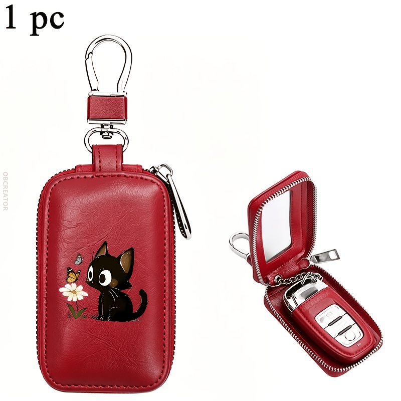 TEMU Obcreator Cute Cat Pattern Men Zipper Car Key Fob Case Pu Car Key Fob Holder Car Remote Keychain Bag, Visible Window Key Pouch Storage Bag,