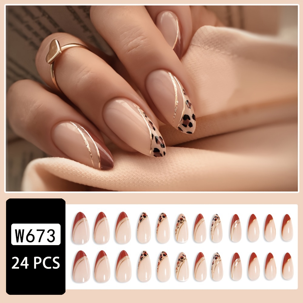 TEMU Show Your Beauty 24pcs Almond Press-on Nails Per Box, Elegant Brown With Slanted Edge, Leopard Print Fashionable Press-on Nails For Women And,