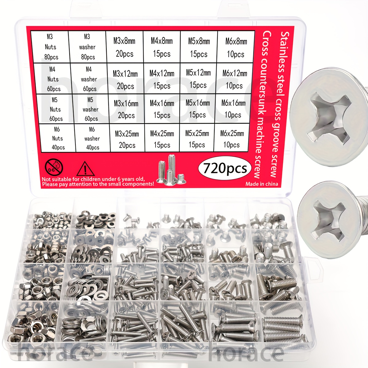 Image of 720pcs Stainless Steel Cross Countersunk Machine Screw Assortment Set (m3/m4/m5/m6) Metric Thread, Includes Nuts & Washers, Heavy-duty For Automotive, Machinery & Diy