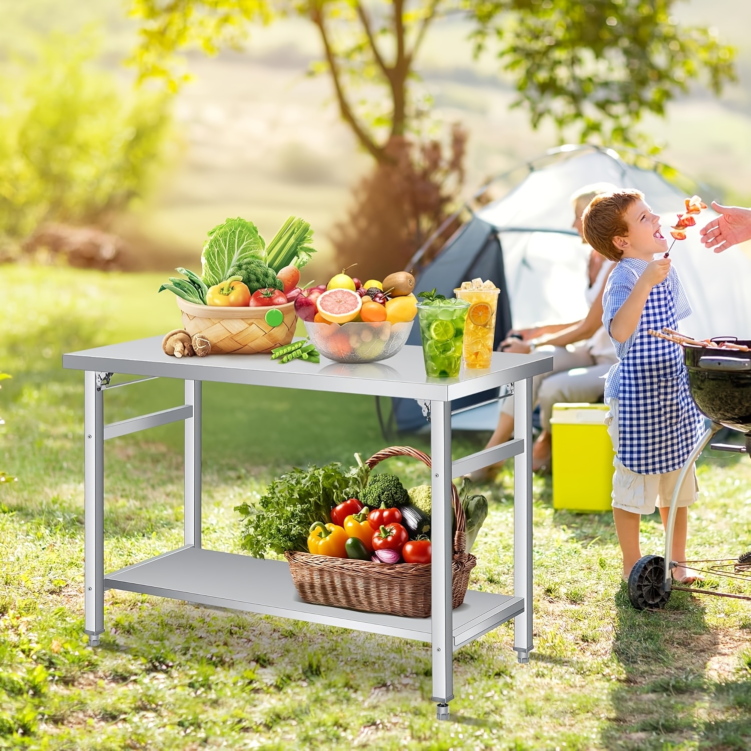 Image of 2 Tier Folding Stainless Steel Prep Table With Slatted Shelf, 36x24in, 450 Lb Capacity, Heavy Duty Metal Working Table, Foldable Workbench For Kitchen Camping Commercial Use