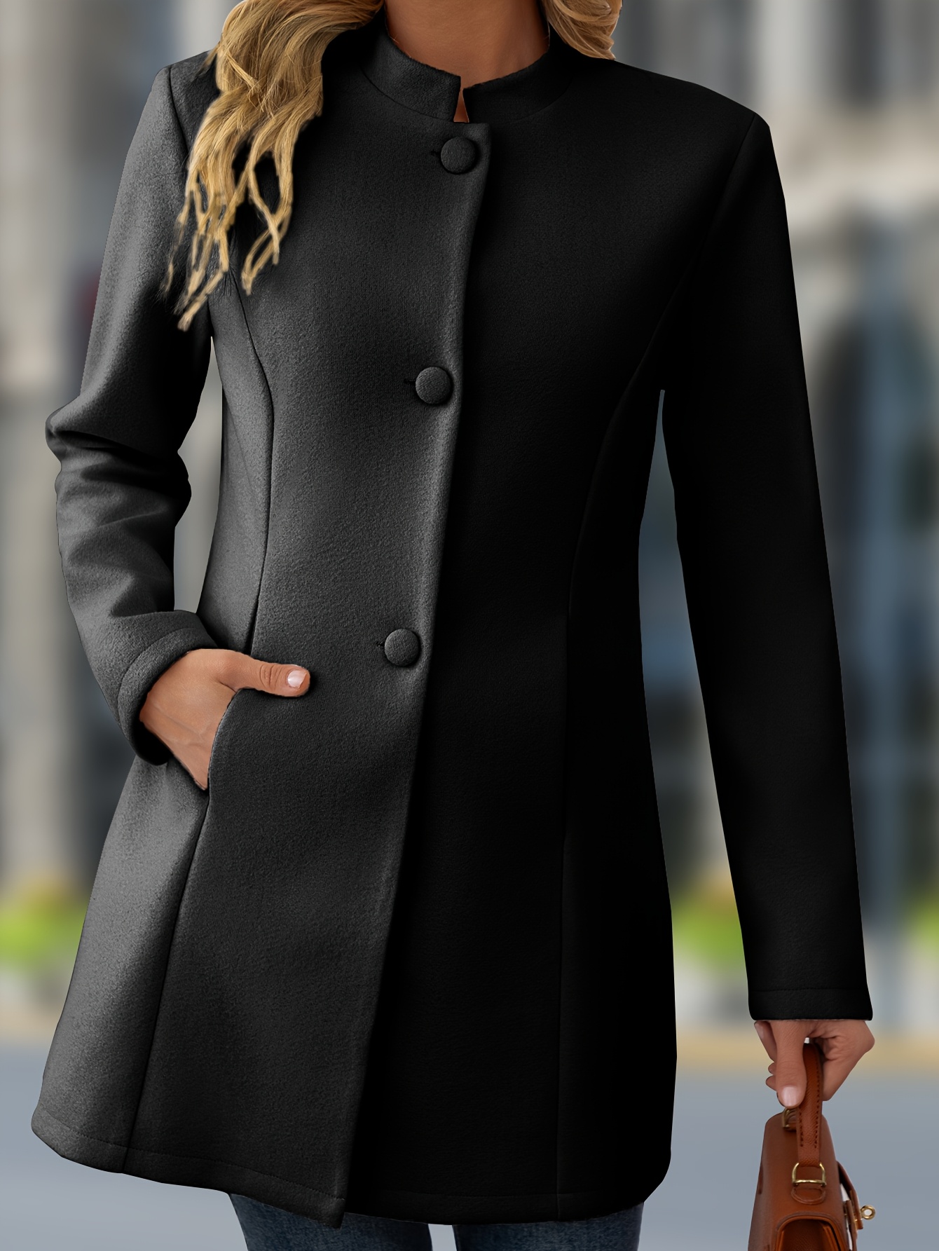 Chaqueta casual para mujer de poliéster, cuello alto, manga larga, abotonada, color sólido, para otoño/invierno - Imagen 7
