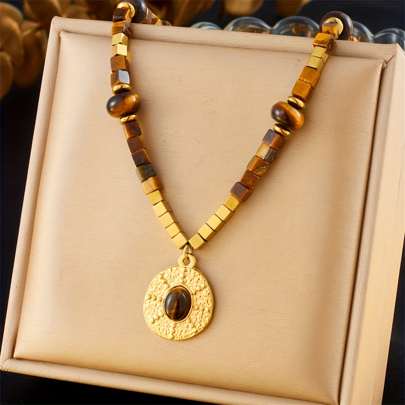 E-shop Bohemian Retro und Trendiges Design Brauner Perlenanhänger Runde Halskette aus Goldenem Edelstahl