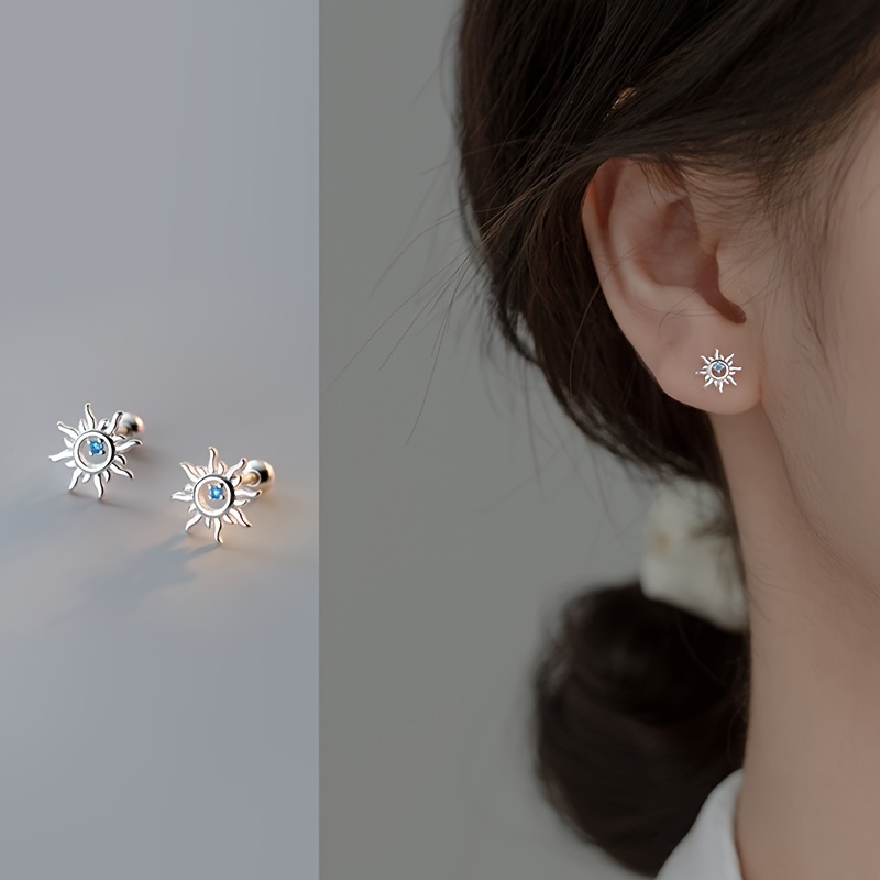 Hollow Sun-Shaped Bead Screw Earrings with Synthetic Zirconia