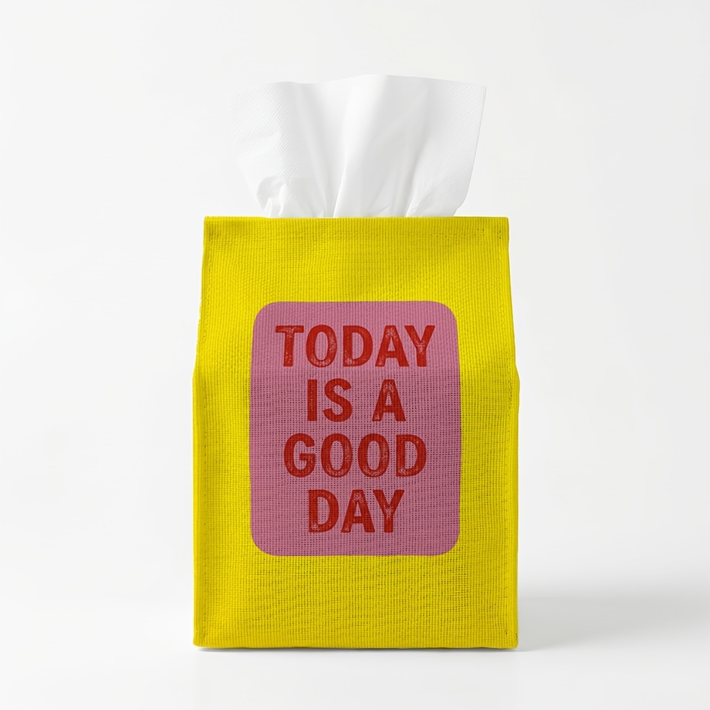 TEMU 1pc Modern Pop Art Tissue Holder Cover "today Is " - Minimalist Yellow & Pink Spill-resistant Easy-clean Rectangular Case Suitable For Square
