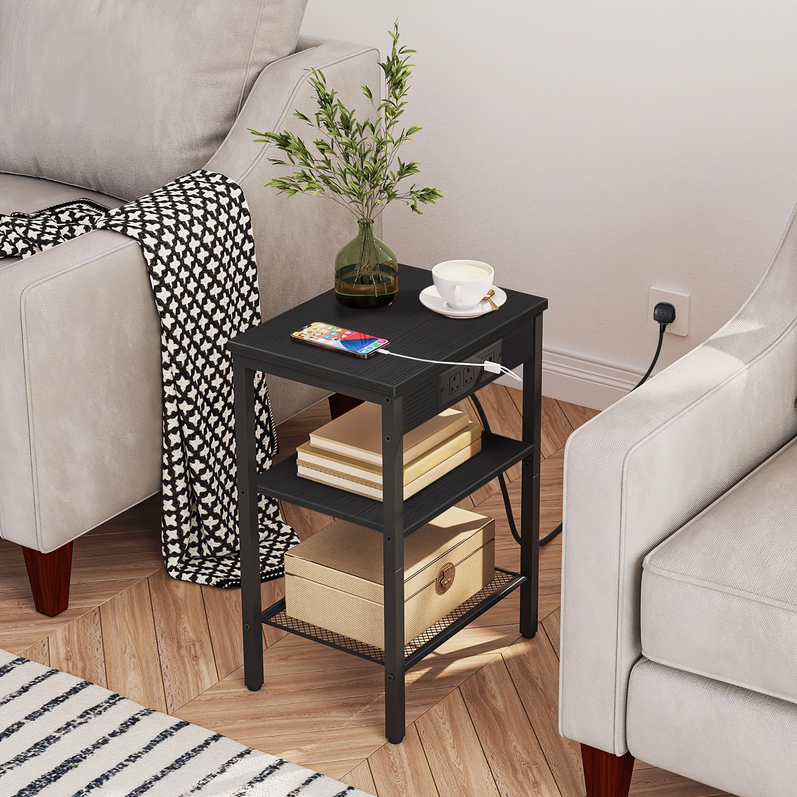 Brown Side Table with Charging Station and Adjustable Shelf