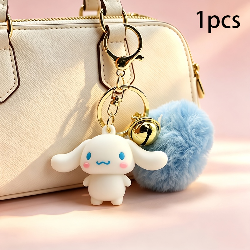 Image of 1-7pcs Keychain Set With My Melody, Kuromi And Hello Kitty - Fluffy Pom Pom And Bell Bag Charms, Cute Key Ring Additions For Women