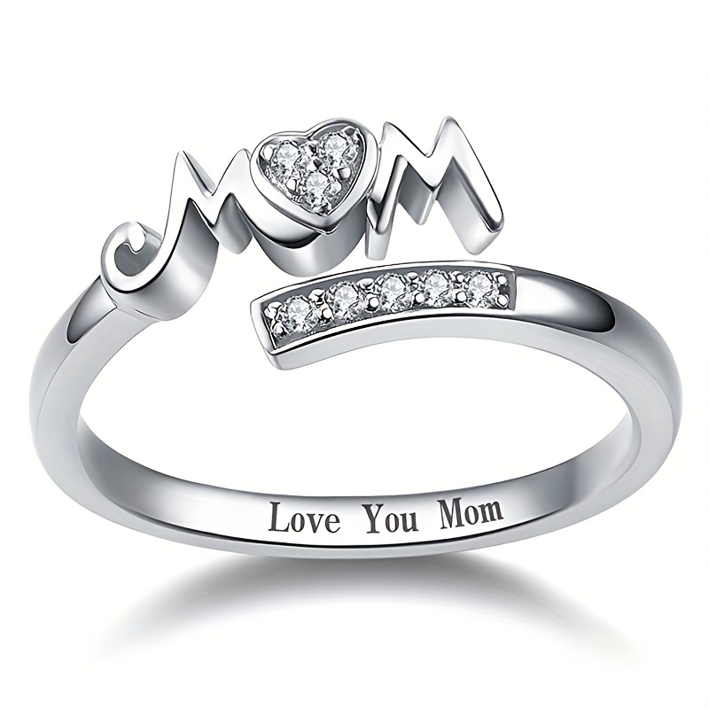 TEMU Elegant Inlay Heart Synthetic Zirconia Mom Ring With Engraved "i Love You Mom" For Women Holiday Open Adjustable Ring Mother's Day Jewelry Gift