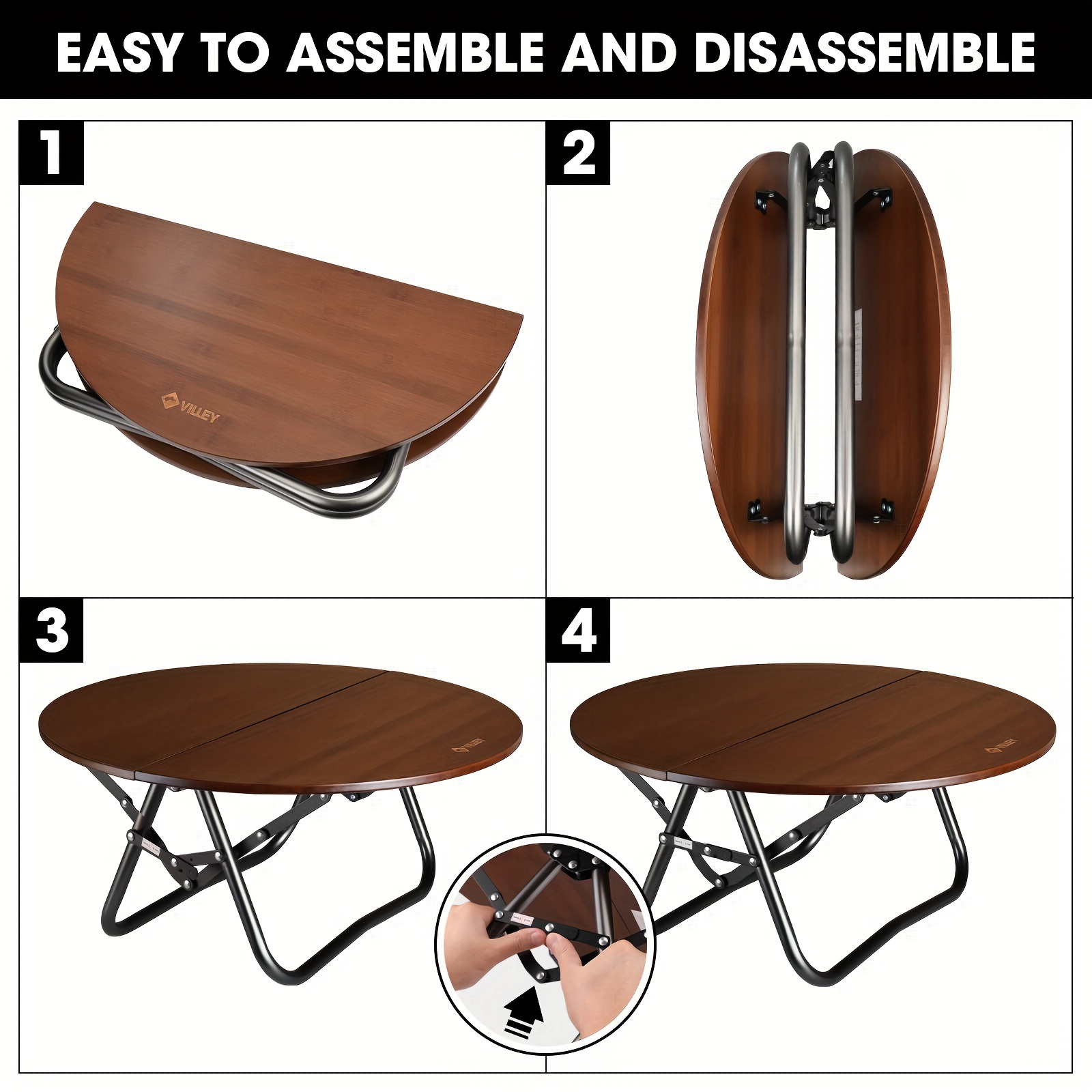 VILLEY Bamboo Round Folding Table, Camping Half-Fold Portable Table with Carrying Bag for Indoor And Outdoor Picnic Coffee Barbecue Beach Card Game