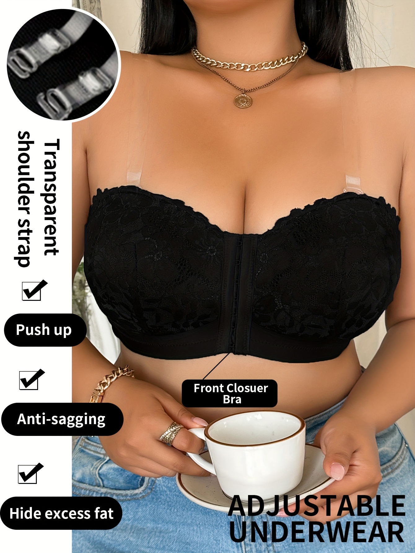 Elegant Plus-Size Floral Lace Bra with Front Closure - Seamless, Breathable Push-Up Design, Wide Straps, Comfort Fit, Non-Padded, Machine Washable - Chic White