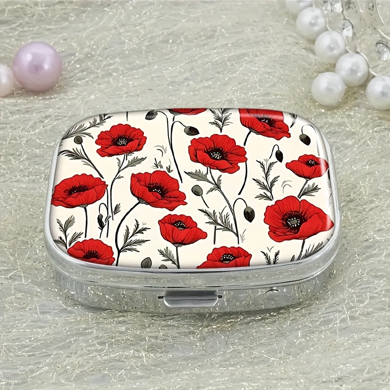 

1pc Floral Pill Case, Red Poppy Design, 2 Compartment, Rectangular Metal Medicine Organizer, Portable Vitamin Container, Decorative Pocket Box For Purse And Travel, 2.2 X 1.6 X 0.6 Inches