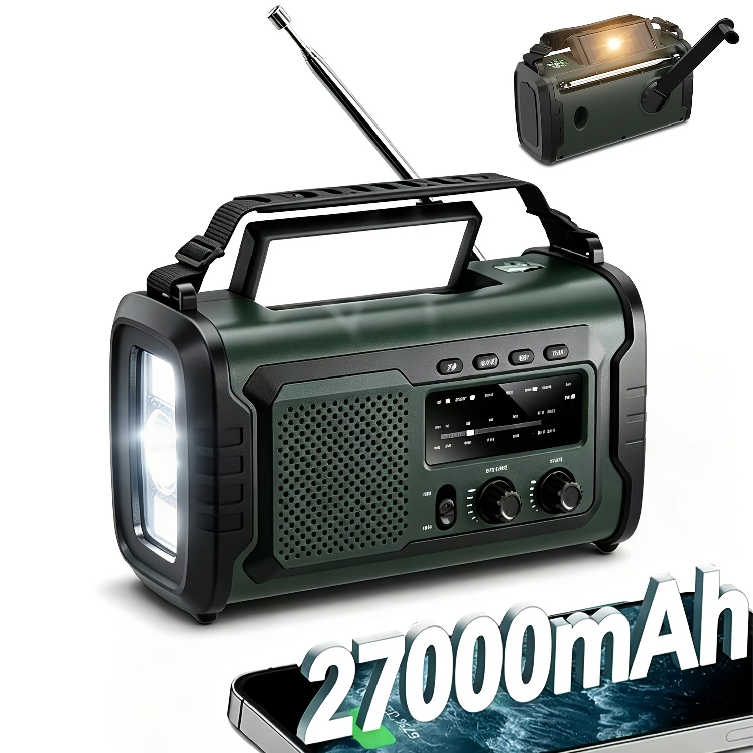 Image of Crank Radio 27000mah Am/fm Emergency Radio With Crank, Solar & Usb Charging, Wireless 5.1, Power Bank Function, Sos Signal, Bright Torch, Reading Lamp, Compass And , For Camping, Emergencies