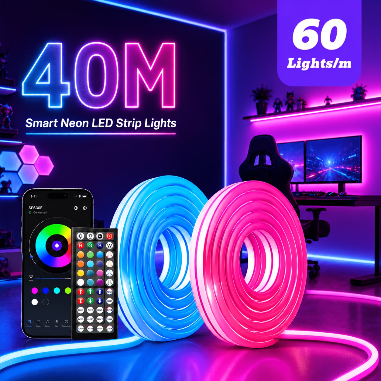 Up To 40m Rgb Neon Led Strip Light With App Control & 44-key Remote, Dimmable Flexible Neon Rope Light, Timer, Adjustable Colours, Ip"67" For Indoor & Outdoor