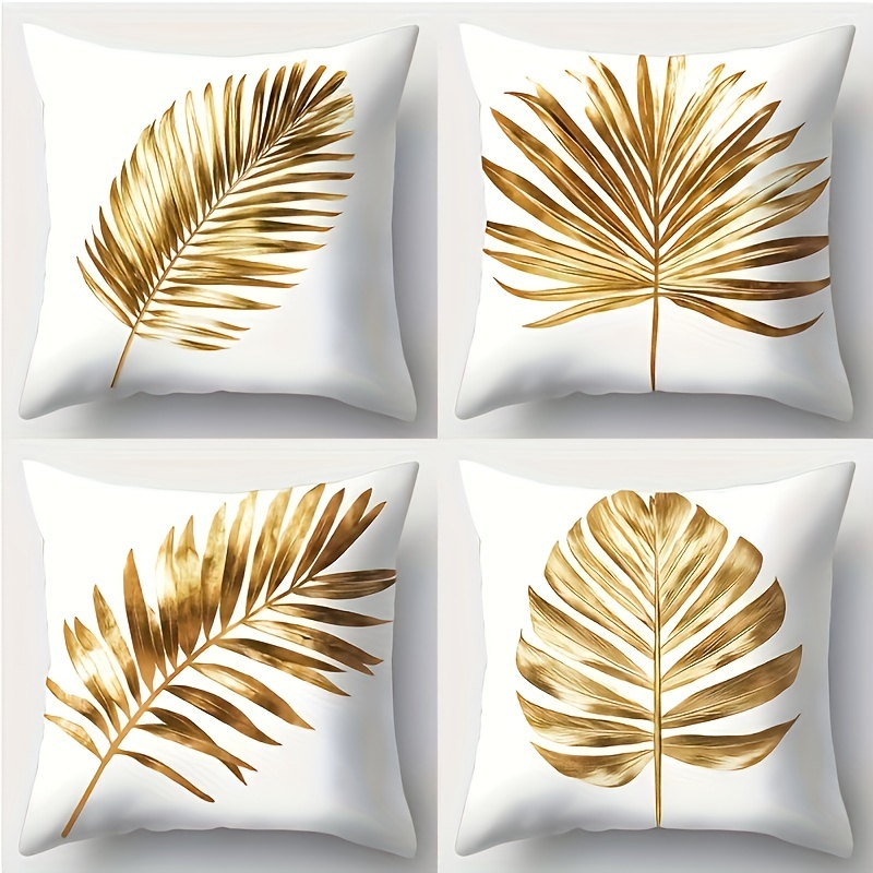 TEMU Set Of 4 Contemporary Golden Palm Leaf Throw Pillow Covers, Woven Polyester, Zipper Closure, Decorative Cushion Cases For Various Room Types, Hand Wash - 18x18 Inches