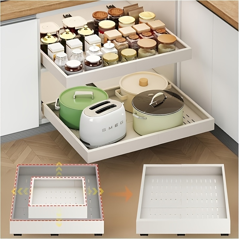 Image of Cabinet Adjustable Pull-out Finishing Tray-4-side Expandable Metal Storage Tray, Under Sink Kitchen, Bathroom Wardrobe Office | Heavy Duty Durable Ultra-thin Space- Design, Toiletries