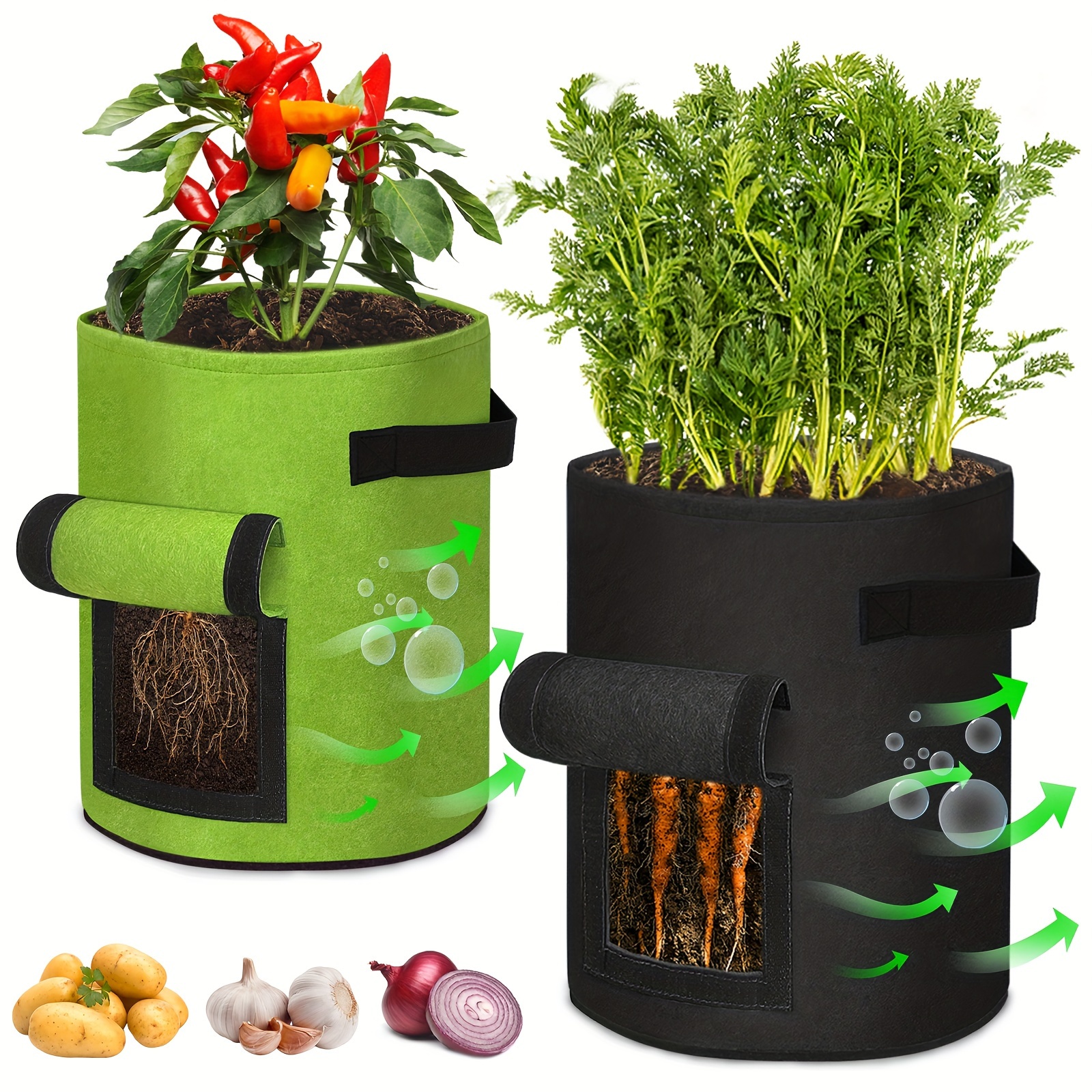 

Fivmen Plant Bag 27l/38l Potato Plant Bag With Handles, 7 Gallon/10 Gallon Plant Bags For Plants, Tomatoes, Vegetables, Carrots (2 Pieces/ 3 Pieces, Green/black)