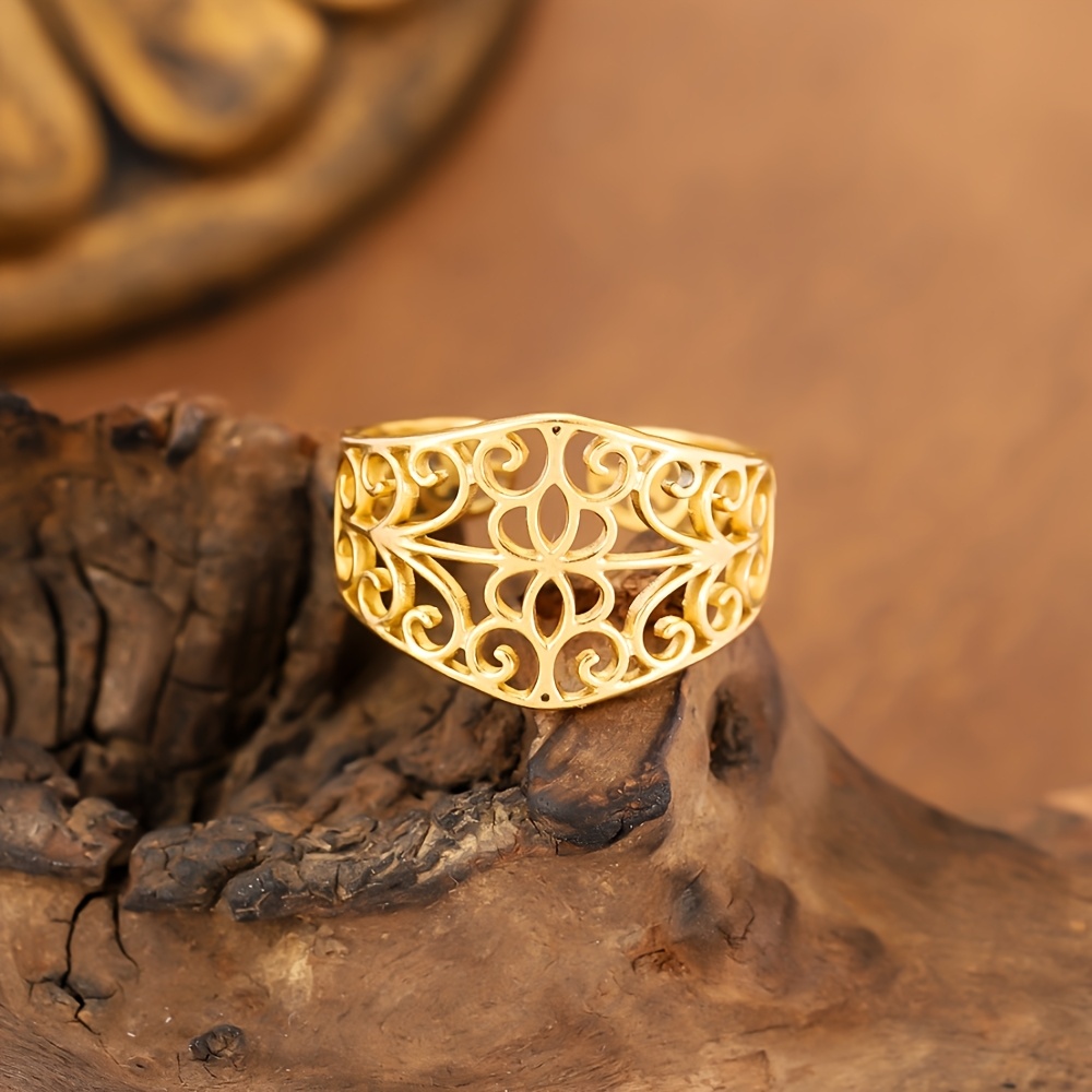 TEMU New Women' Steel Ring. Elegant Vintage Style Openwork Floral Pattern , Minimalist Metallic Style Hollow-out Design Stainless Steel Ring, A Daily