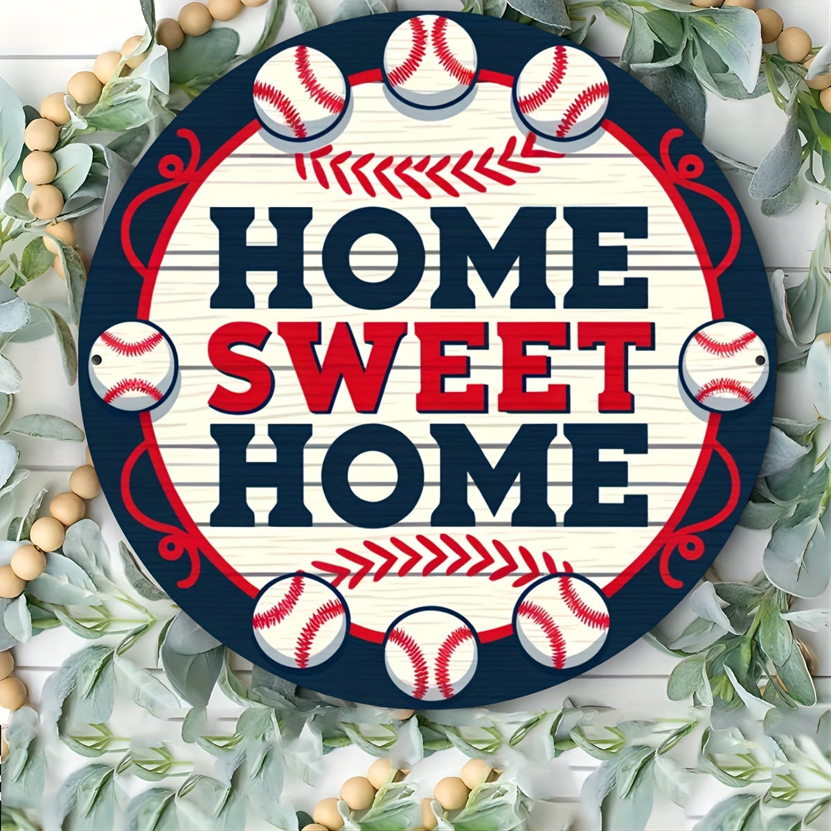 

Rustic Baseball Wreath Metal Sign - 8x8" Round Iron Wall Decor For Home, Garden, Kitchen, Bar, Cafe & Garage