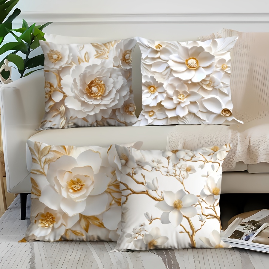 

4pcs Contemporary Velvet Floral Throw Pillow Covers, 3d And White Print, Polyester, Machine Washable, With Zipper Closure For Home, Living Room, Sofa, Office Decor - Pillow Inserts Not Included