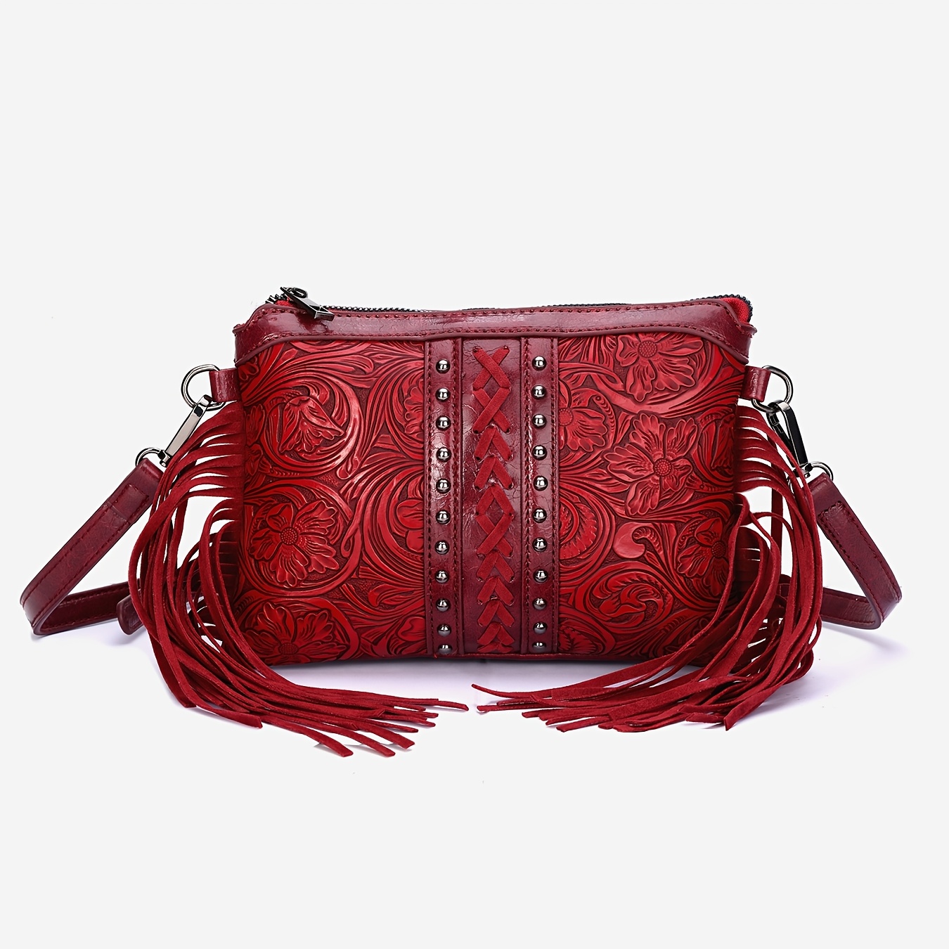 

1pc Red Floral Embossed Leather Shoulder Bag With Tassels, Fashion Bohemian Crossbody Purse With Adjustable Strap, Lightweight Zippered Handbag With Polyester Lining And Paint