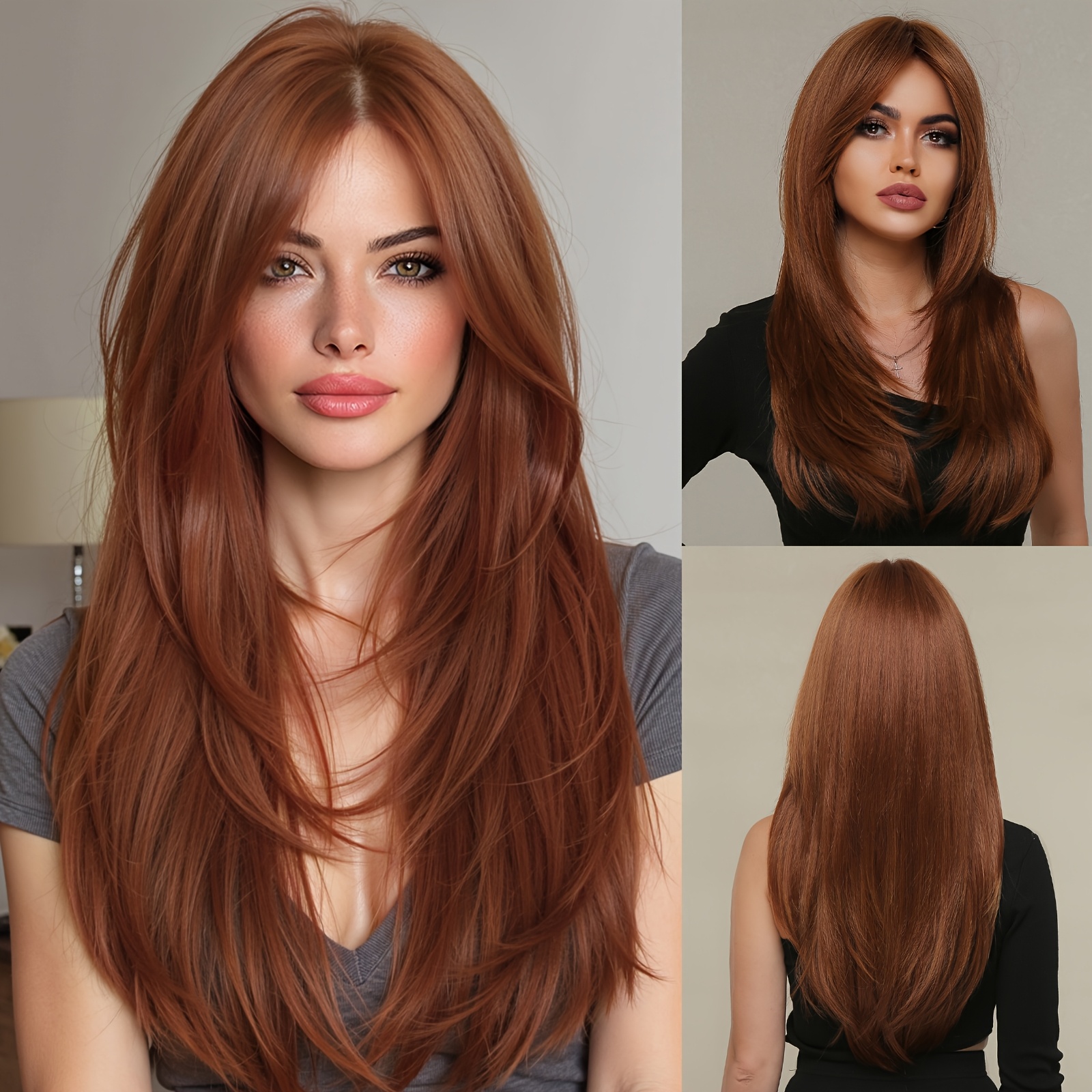TEMU Women's Orange Red Bangs High Layered Straight High Temperature Fiber Wig | Elegant And Versatile For Daily Activities, Suitable For Work,