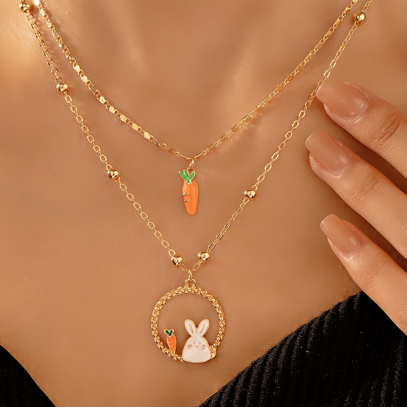 1pc Cute Glazed Enamel Rabbit Carrot Pendant Double-layer Metal Necklace, Seed Bead Chain Necklace, Handcrafted With Cut Seed Beads