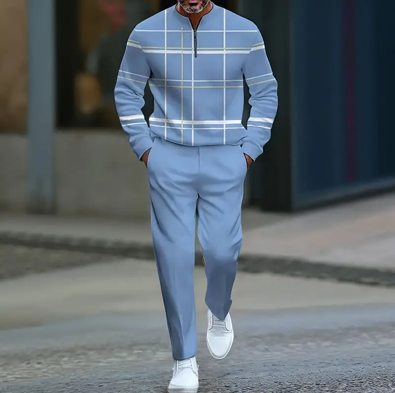 2025 autumn light blue striped pattern mens casual sportswear set fashionable simple half zip crew neck pullover long sleeve t shirt pants for daily wear exercise mens clothes men clothes men outfit sets airport outfit for men mens xmas outfits clothes for men Product details 0