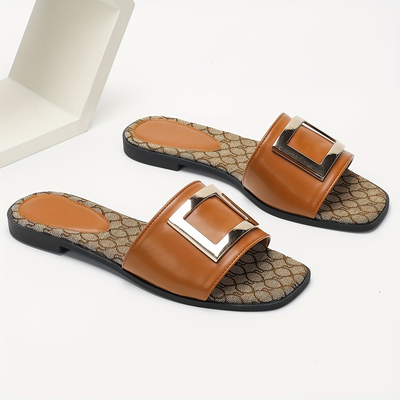 Vintage Square Toe Slides for Women - All-Season Slip-On Flat Heel Sandals with Ankle-Strap, Fashionable Casual Beach Open-Toe Slides with Square Buckle Detail, Man-Made Materials & TPR Sole