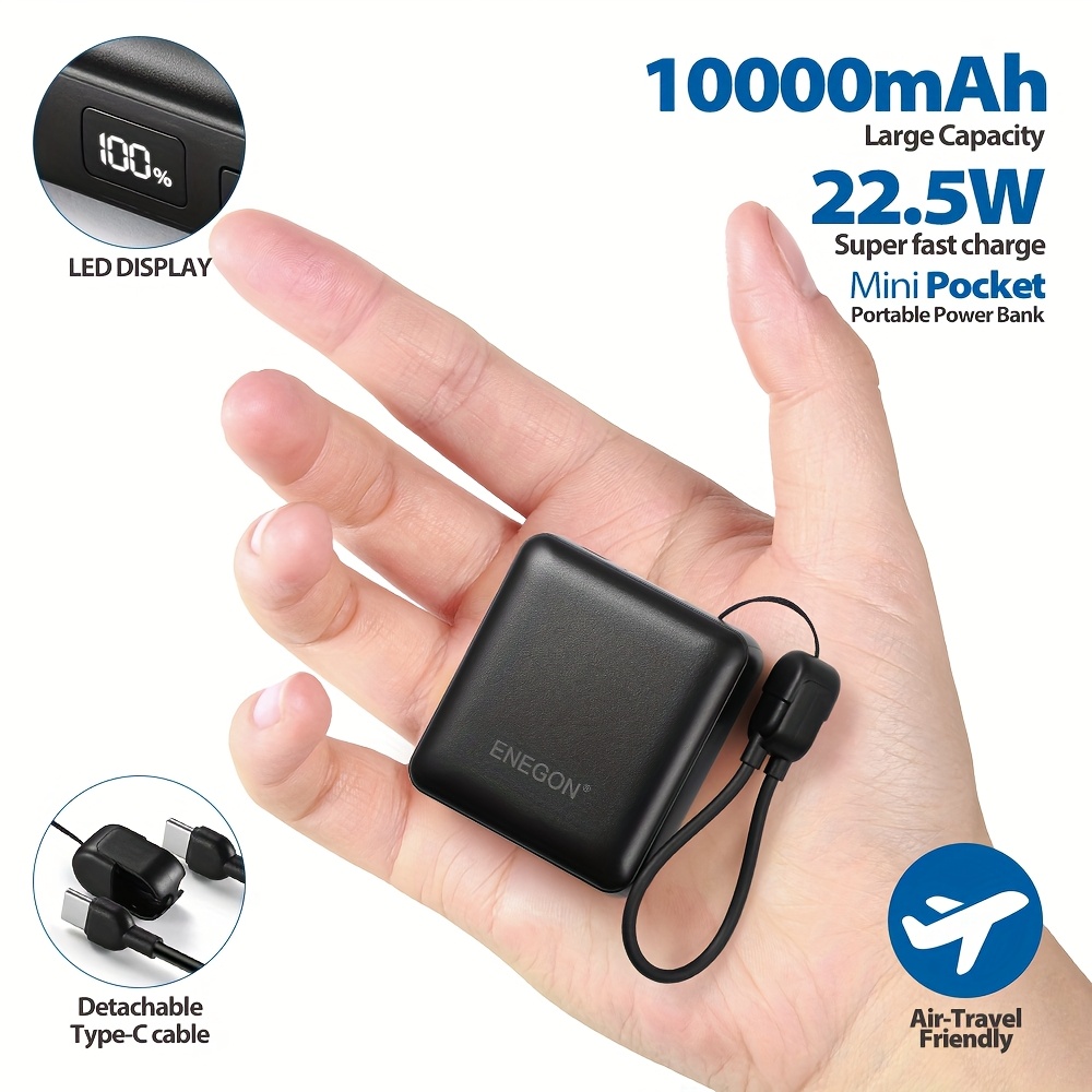 TEMU Mini Ultra Compact 22.5w 10000mah Power Bank With Built-in Usb-c Cable, Led Digital Display Portable Charger, Fast Charging Battery Pack For
