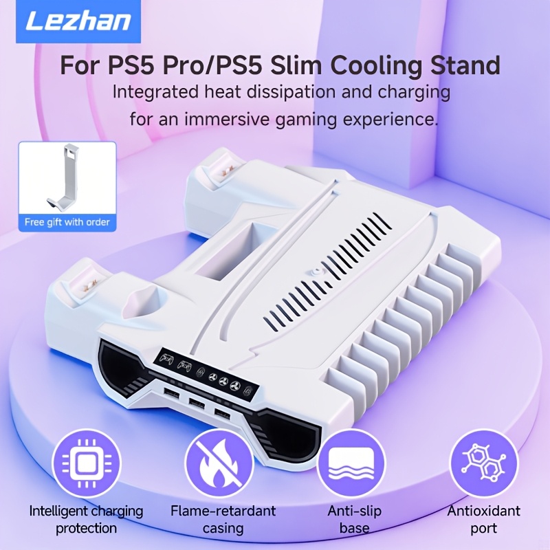 Koel- en Oplaaddock voor PS5/Slim, Met Turbine Koelontwerp, RGB Sfeerverlichting, Meerdere Intelligente Oplaadbeveiligingen, LED Oplaadindicator, Draadloze Controller Oplaaddock voor Dubbele Controllers, Hoofdtelefoonstandaard en Andere PS5 Accessoires