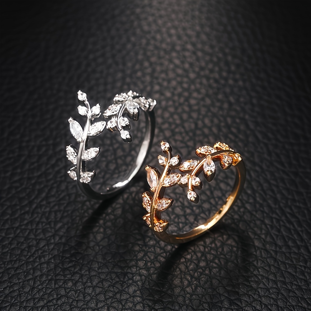 Golden Tone Leaf Ring Geometric Openwork with CZ