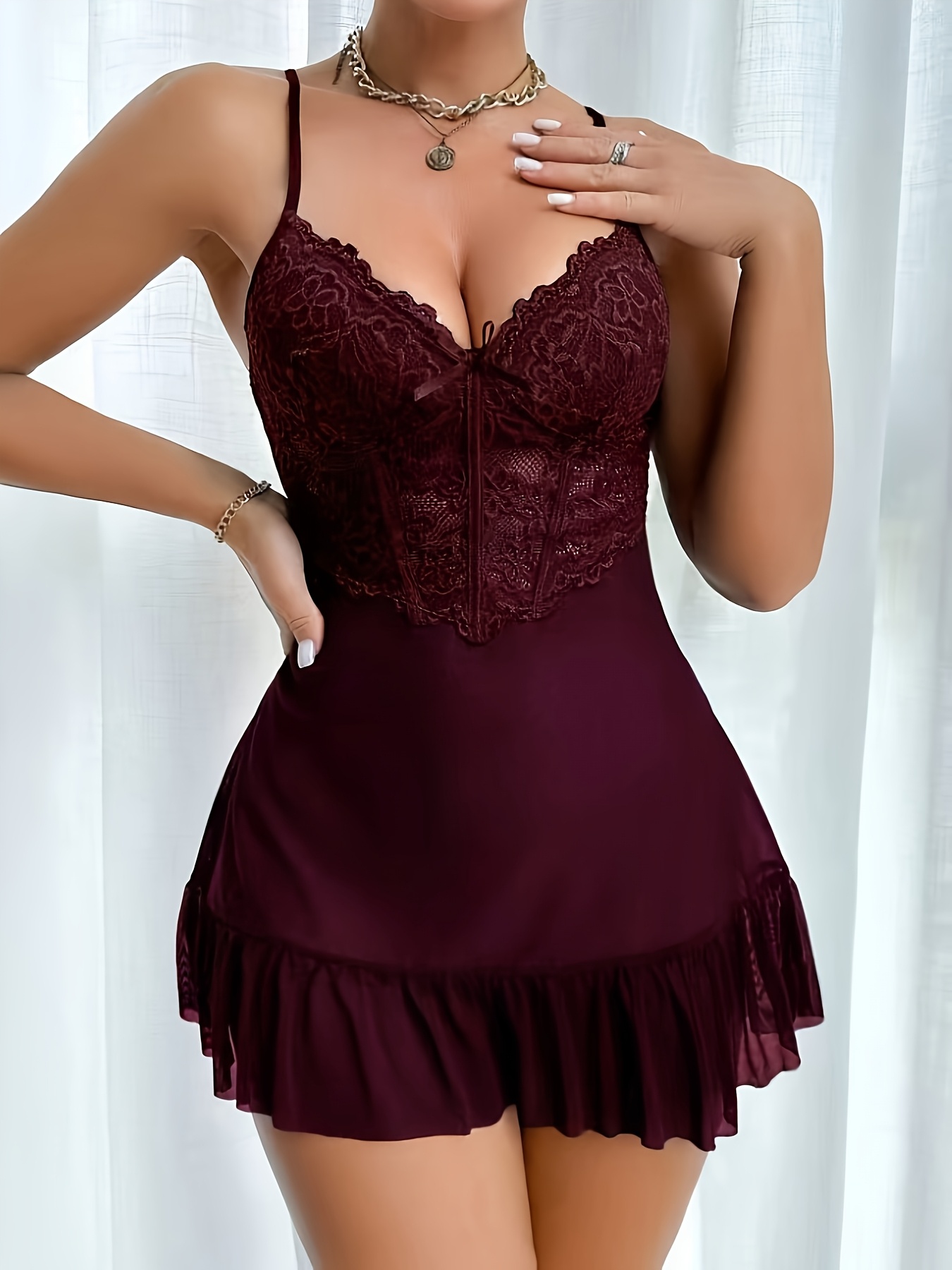 Women'S Solid Elegant Sexy Comfortable Mesh Lace Patchwork Bow Thin Strap Backless Short Nightgown Home Wear