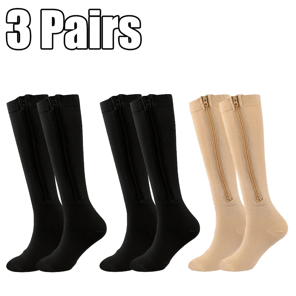 TEMU 3 Paires de Chaussettes de Compression Zippées, Jambières de Soutien Haut de Cuisses avec Fermeture Éclair pour Femmes et Hommes, Support de
