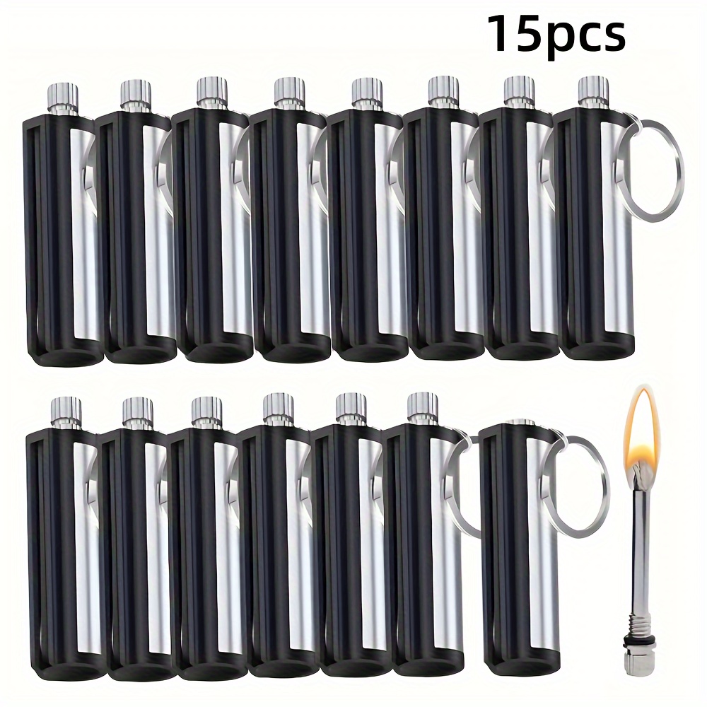 TEMU 15pcs Stainless Steel Flint Lighter Set - Waterproof, Portable Keychain Design For Outdoor Use (fuel Not Included), Matches, Lighter, Excluding Fuel