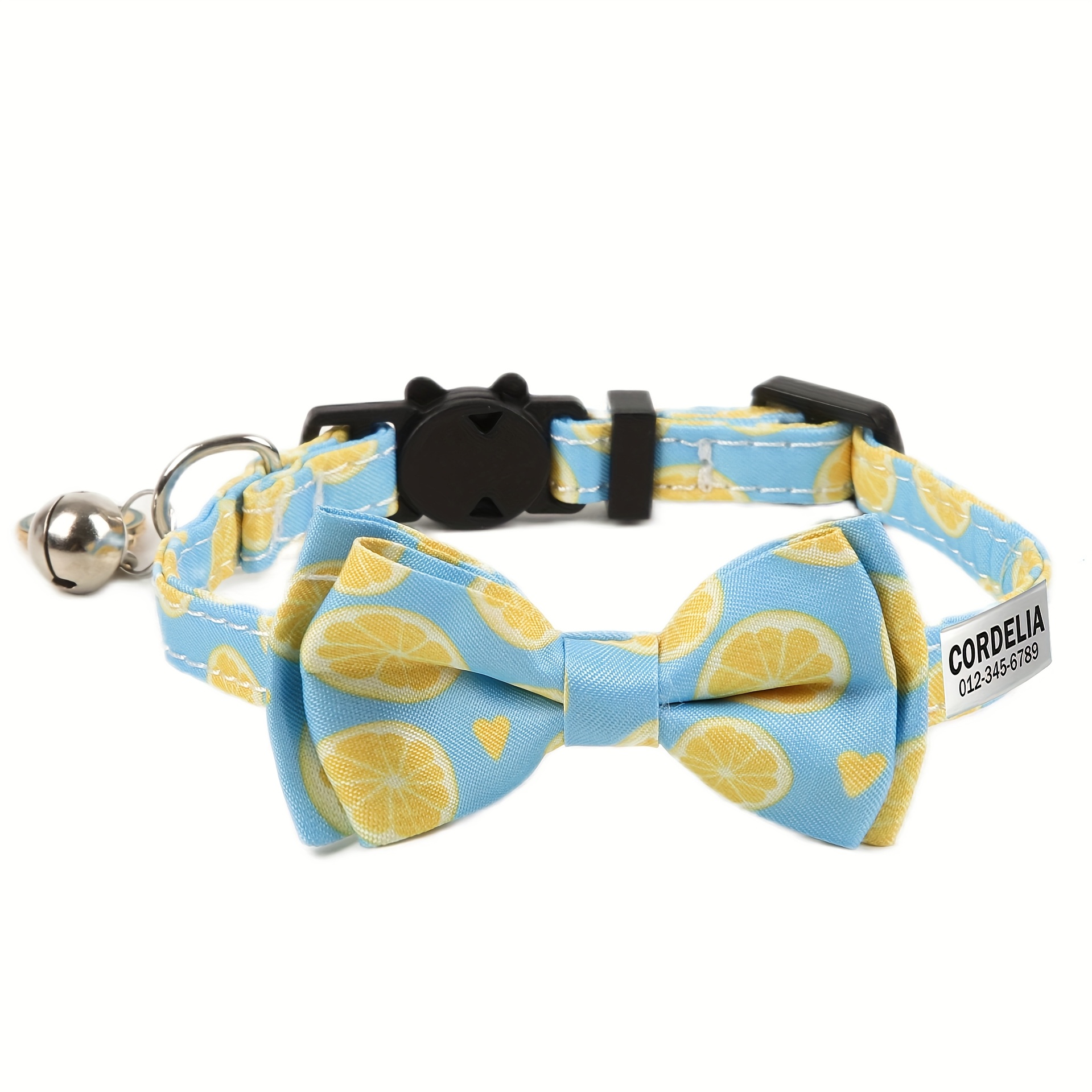 TEMU A Stylish Fruit-patterned Customizable Cat Collar With A Bell And A Detachable Bow Tie, Made Of Soft Adjustable Polyester. It Includes An