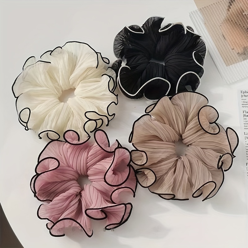 

4pc Women's Folded Chiffon Large Intestine Hair Loop Fashion Tie Ball Head Rubber Band Large Head Flower