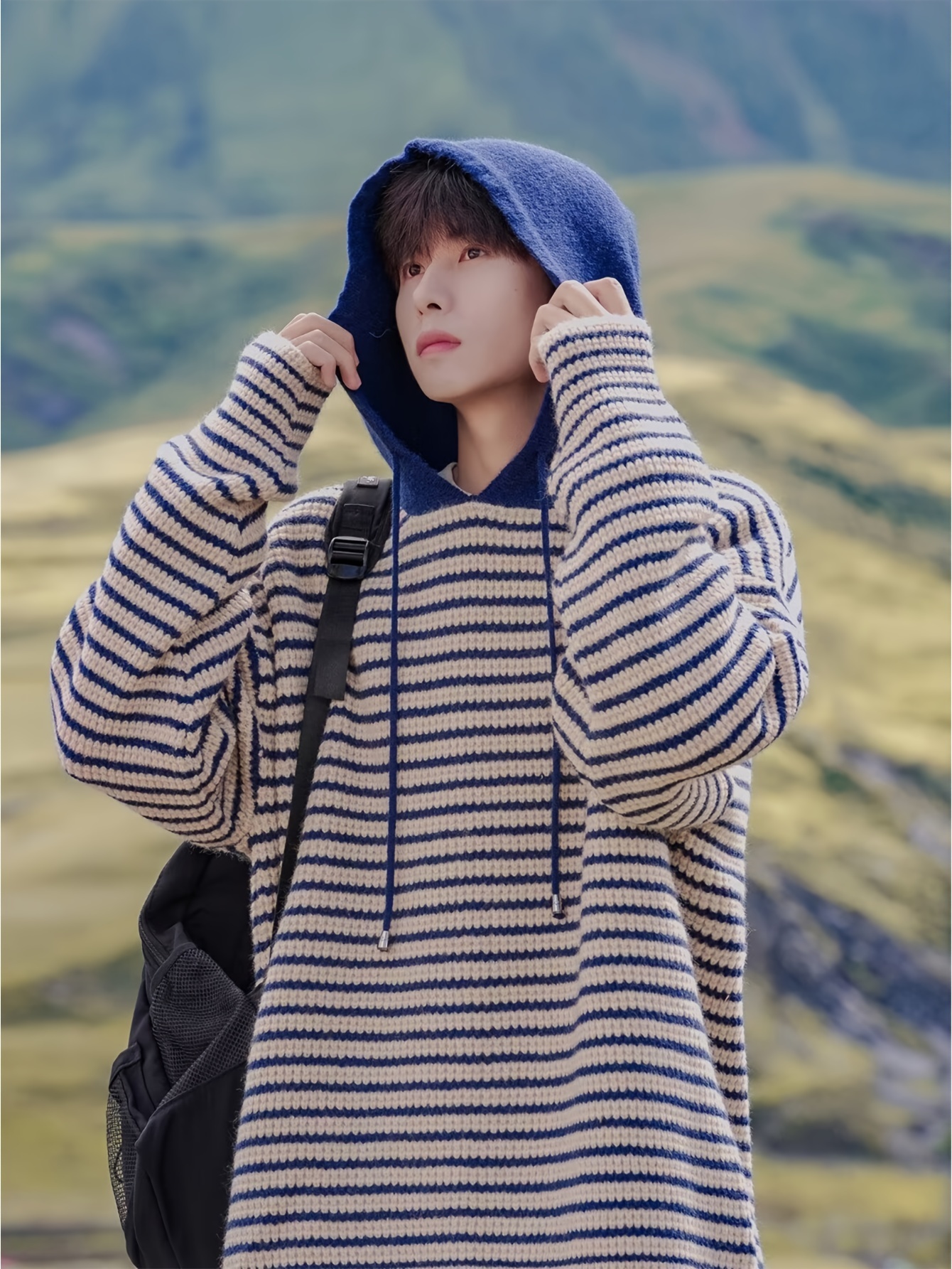 mens casual hooded striped sweater navy blue white vertical Temu