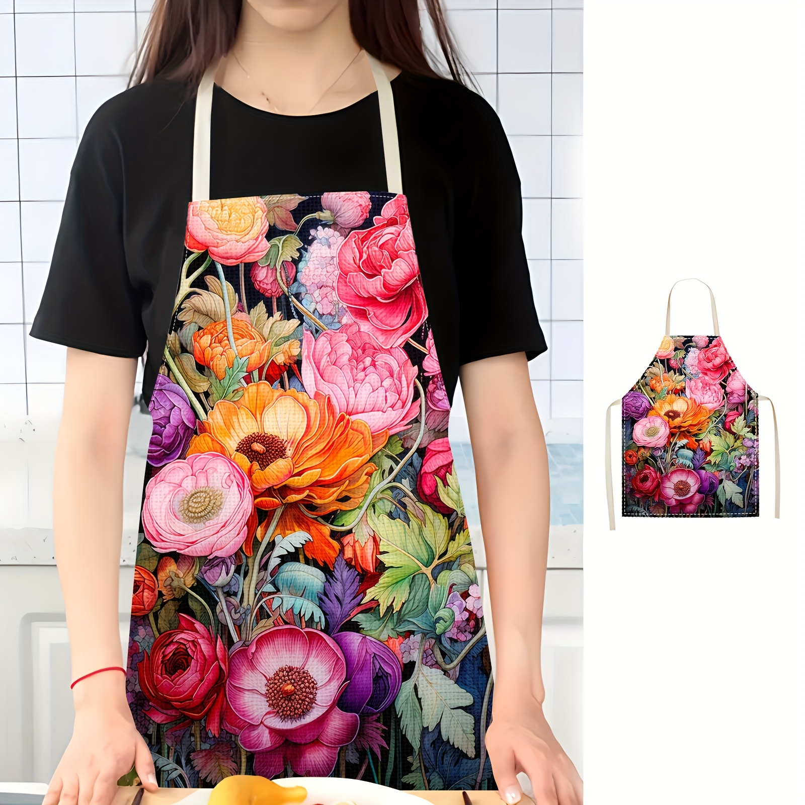 

1pc Floral Print Linen Apron, Fashionable Kitchen Cooking Party Apron, Oil & Stain Resistant, Woven Fabric, 170gsm - Ideal For Home, Restaurant, And Parties, Cute Apron