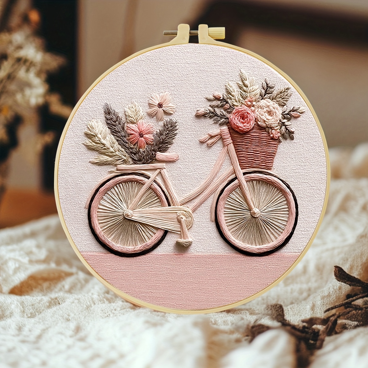 TEMU Jozysh Complete Diy Bicycle Embroidery Kit For Adults & Beginners - 20x20cm/7.9x7.9in Handmade Craft With Pre-printed Fabric, Embroidery Hoop,